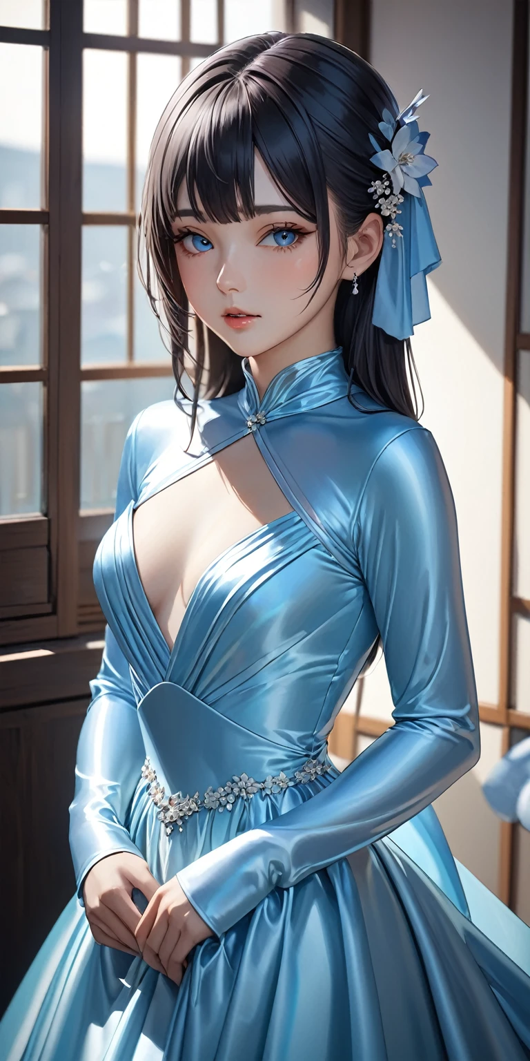 Portraiture、(masterpiece,Highest quality,Ultra-high resolution),Japanese women, (((Very beautiful 25 year old girl))),She is wearing a long-sleeved dress made of shiny light blue satin.、The dress has a simple design and doesn&#39;t reveal any bare skin.
