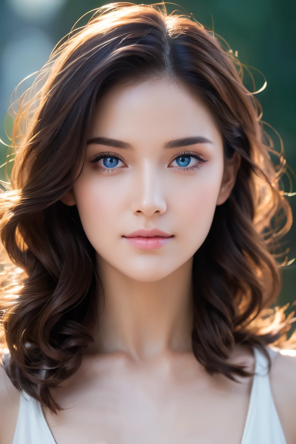 (masterpiece:1.5), high quality, aesthetic photo ,(HDR:1.3), pore and detailed, intricate detailed, graceful and beautiful textures, RAW photo, 16K, diffused sunlight, 8K, RAW photo, top-notch quality, exceptionally detailed RAW color photo, professional-grade photograph, (realistic, photorealistic:1.2), (highly detailed skin:1.1), ultra-high resolution, (lenz 80mm), (F/1.2), An enchanting portrait of a young woman, bathed in a soft pink glow that seems to emanate from within, set against the stark embrace of a dark backdrop. The lighting, at 1.5 intensity, casts a gentle luminescence that wraps around her like a warm embrace, highlighting the intricate details of her 3D facial features. Her multifaceted, wavy hair is a kaleidoscope of colors, ranging from deep blues to vibrant purples, and it tumbles down her slender frame with a grace that is almost ethereal. The addition of short sidelocks frames her face, drawing the viewer's gaze to the subtle, yet mesmerizing sparkle in her blue eyes. These eyes, a tranquil sea of cerulean, are graced with a hint of a tareme, a Japanese makeup technique that adds a captivating glisten to the lower lash line, suggesting a depth of emotion just beneath the surface. ((full body shot))