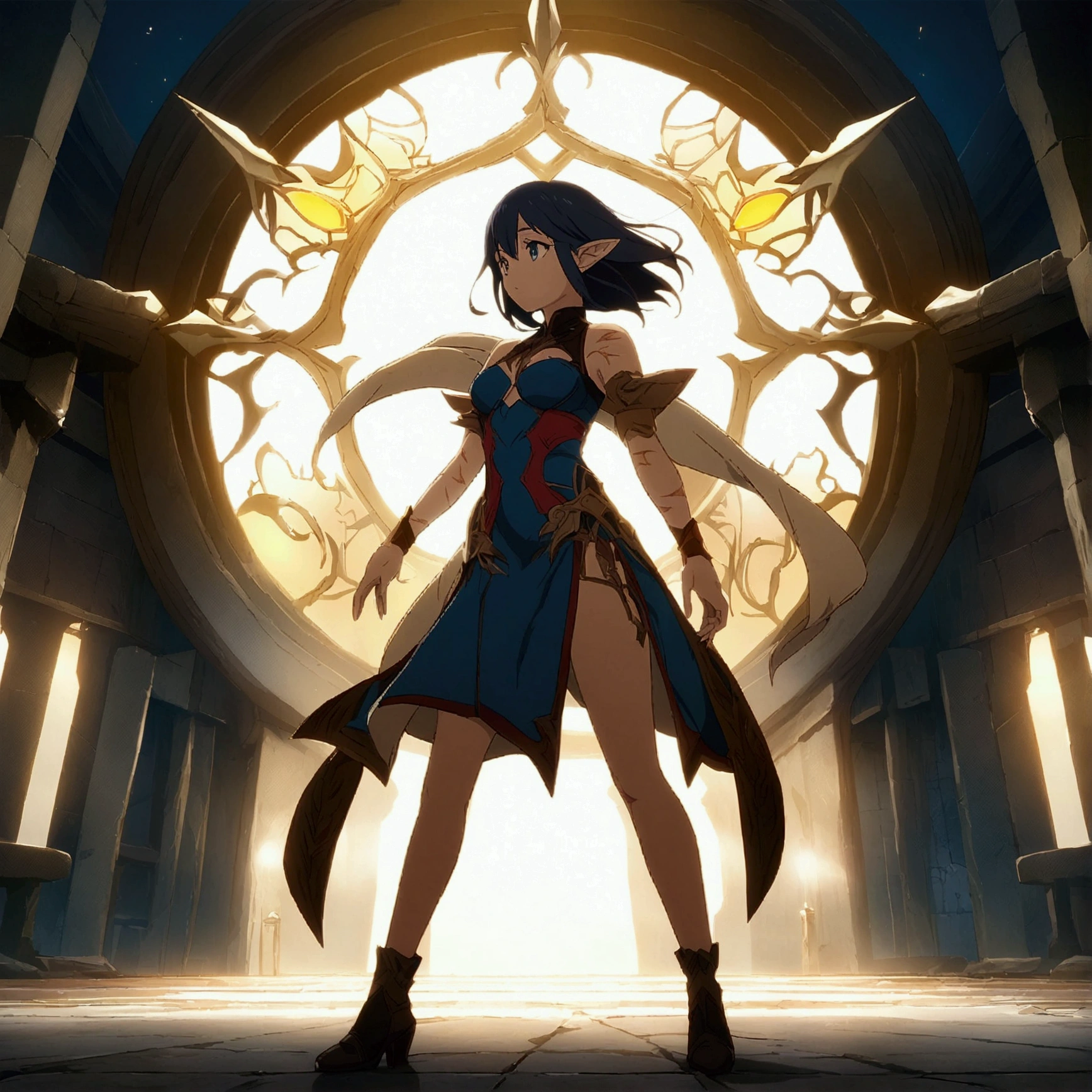 Female, fair skin, light blue eyes, long dark hair on one side and slightly shorter on the other, pointy ears, some small scars on her arms and legs, "Final Fantasy-inspired anime design, filled with dramatic and stunning lighting, infused with creative details, ultra-fine 2D design, scenery bathed in creativity, boasting 2D anime resolution clarity, HD anime graphics, high-octane rendering"