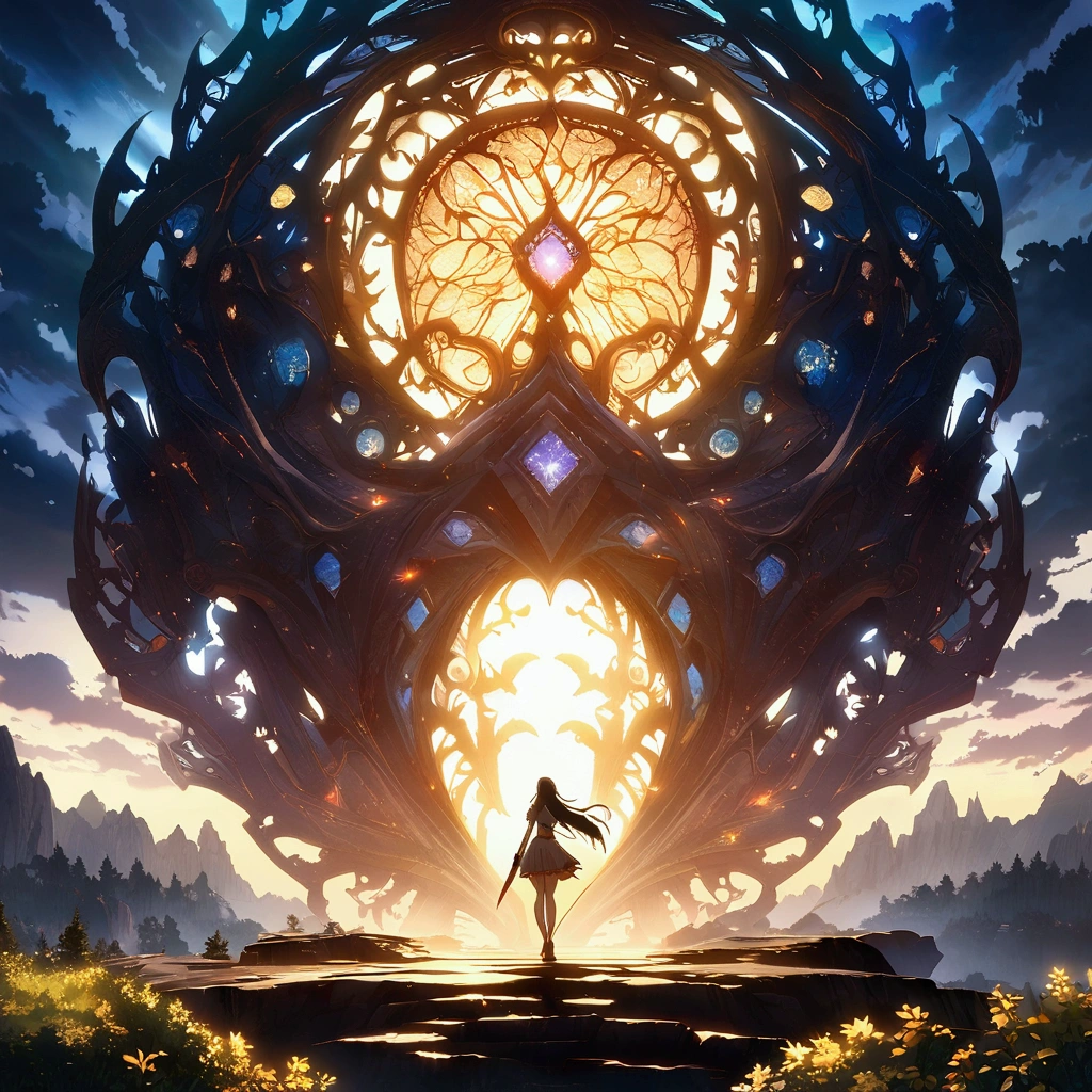Female, fair skin, light blue eyes, long dark hair on one side and slightly shorter on the other, pointy ears, some small scars on her arms and legs, "Final Fantasy-inspired anime design, filled with dramatic and stunning lighting, infused with creative details, ultra-fine 2D design, scenery bathed in creativity, boasting 2D anime resolution clarity, HD anime graphics, high-octane rendering"
