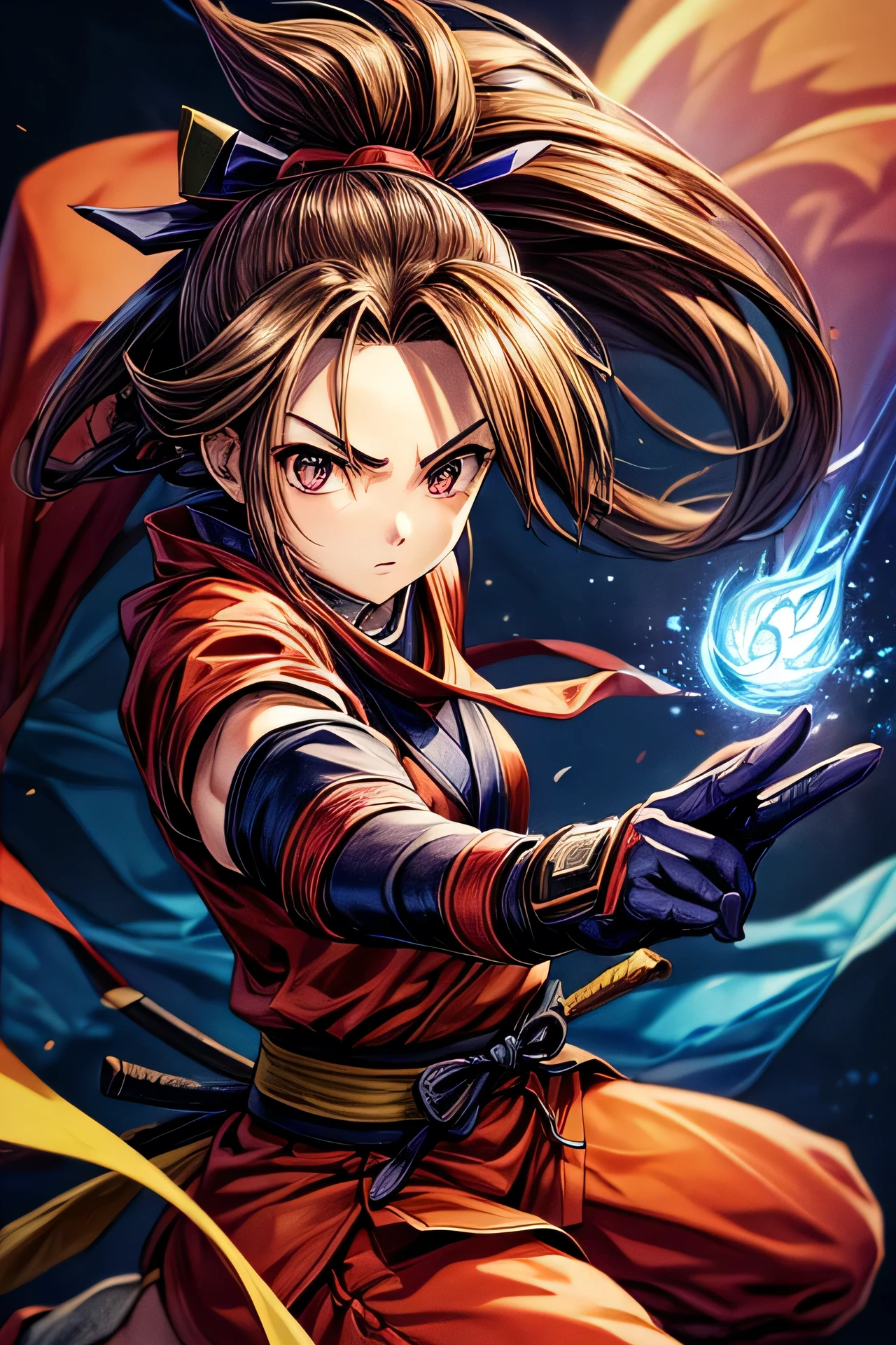 (masterpiece, best quality, ultra detailed), 1girl, ninja, shinobi, kunoichi, brown hair, kodachi, blue flame, purple flame, action pause, Fujibayashi suzu, (red clothes),