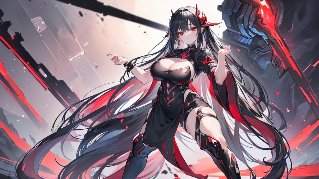 (Exquisite eyes),(Clear and beautiful eyes:1.61),masterpiece, ung girl,(Black clothes and some red gems), Black long hair, (She has a huge red gem on her chest), Good Hand,((The Havoc of StarCraft)),full-body shot,Fighting Stance,(Red Eyes:1.466),short and small,(Very big breasts:1.35),(Pretty Face),(full-body shot:1.33),Beautiful hands