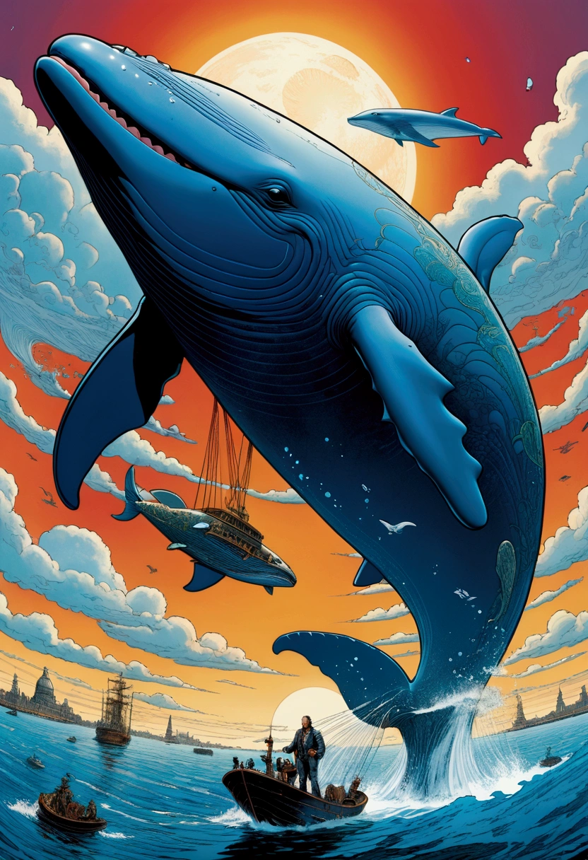 Flying Whale, sky, by Lisa_Frank, cinematic still, (best quality, masterpiece), very aesthetic, perfect composition, intricate details, ultra-detailed, vivid colors