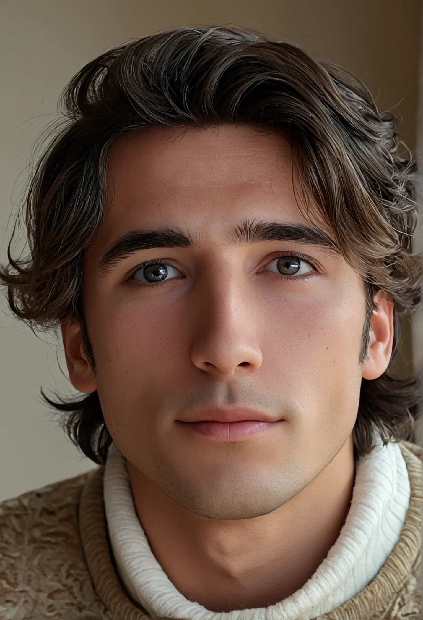 (best quality,4k,8k,highres,masterpiece:1.2),ultra-detailed,realistic,portrait,beautiful young man of 29 years old,black disheveled hair,black eyes,long eyelashes,cute face,white turtleneck