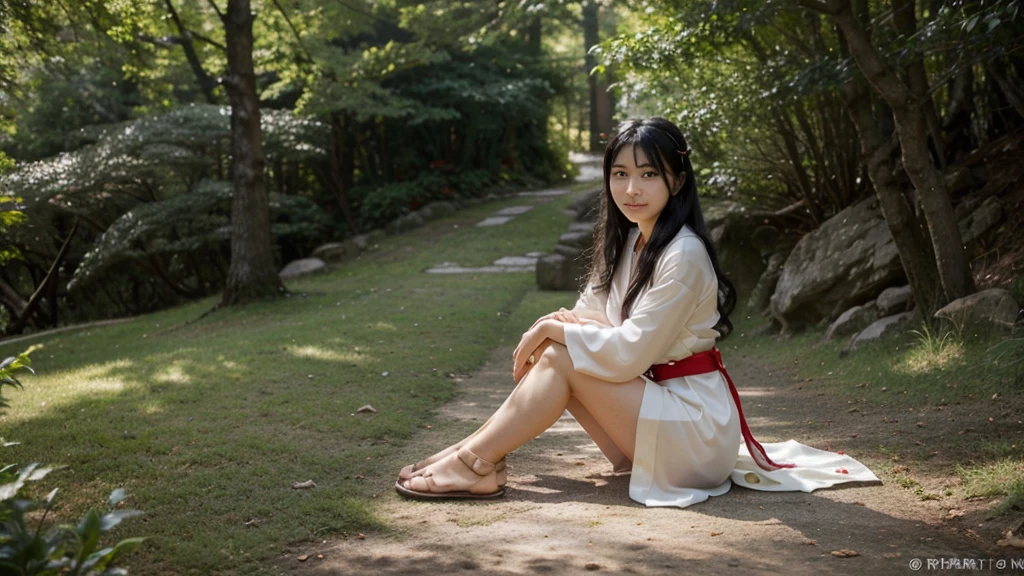 A shrine maiden is elegantly dressed in a thin, skin-transparent Japanese kimono and stands gracefully on a sacred hill in the forest., A gold collar around his neck、Her chest is exposed and beautiful.。The feet are wearing sandals.。A kimono with a waist-length slit and knee-length。The colors are a perfect combination of red and white, which are symbols of purity.. Her jet black hair flowed long, well maintained、Shining in the sunlight. Her deep, His bright dark eyes radiated calm and wisdom., As if it holds an ancient tale from the past.. 彼女の滑らかで対称的な顔は日Book人の柔らかい落ち着いた、A gentle smile that gives off an aura of peace to the viewer, with the teeth faintly visible。Towards the sky diagonally above to the right、Her beautiful fingertips are pressed together in prayer。The fingers of the hand5Book、The toes5Book、Drawing in detail