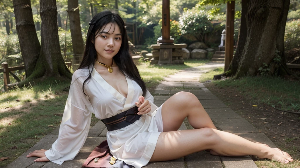 A shrine maiden is elegantly dressed in a thin, skin-transparent Japanese kimono and stands gracefully on a sacred hill in the forest., A gold collar around his neck、Her chest is exposed and beautiful.。The feet are wearing sandals.。A kimono with a waist-length slit and knee-length。The colors are a perfect combination of red and white, which are symbols of purity.. Her jet black hair flowed long, well maintained、Shining in the sunlight. Her deep, His bright dark eyes radiated calm and wisdom., As if it holds an ancient tale from the past.. 彼女の滑らかで対称的な顔は日Book人の柔らかい落ち着いた、A gentle smile that gives off an aura of peace to the viewer, with the teeth faintly visible。Towards the sky diagonally above to the right、Her beautiful fingertips are pressed together in prayer。The fingers of the hand５Book、The toes５Book、Drawing in detail