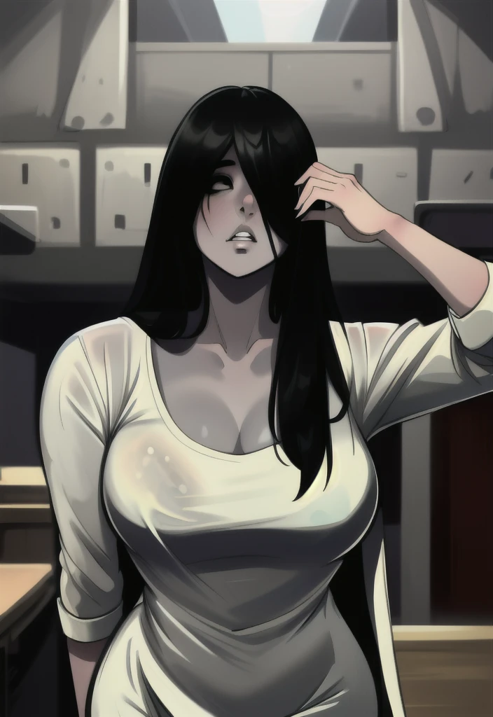 ((masterpiece)), (best quality), (absurdists), black hair, yamamura_sadako, white dress, (grey skin), hair over eyes, eyes covered, looking at the viewer very in the dark forest super realistic and well detailed