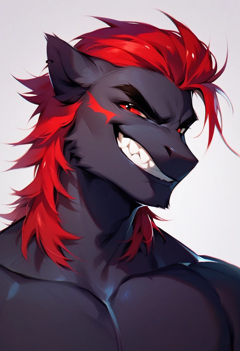 Male Pony, Anthro, Black Body, Red Mane , Red eyes, evil grin