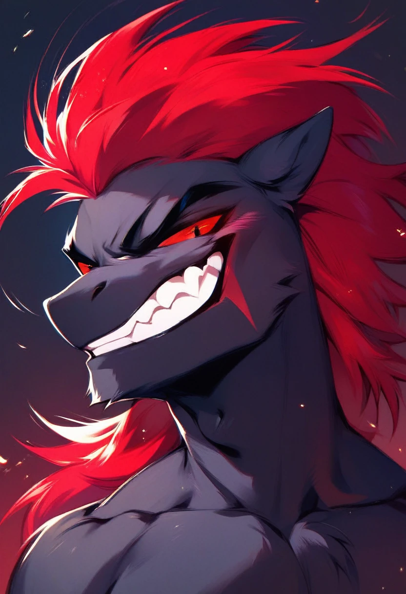 Male Pony, Anthro, Black Body, Red Mane , Red eyes, evil grin
