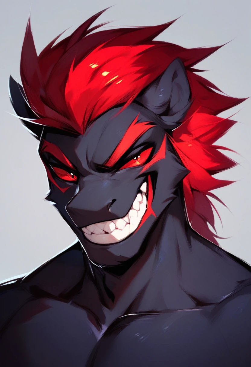 Male Pony, Anthro, Black Body, Red Mane , Red eyes, evil grin