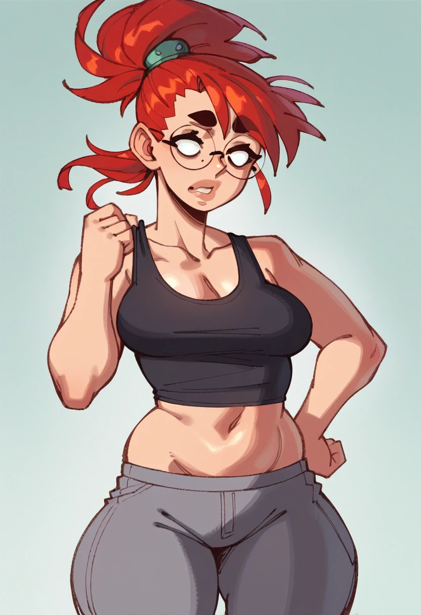 (masterpiece, best quality:1.3), Rizdraws, Thin Lineart, Soft Lineart, 1girl, solo, short black hair, bangs that go to the side down her face, large round glasses, small ponytail, red hair tie, cant see eyes, black tank top,  dark gray pants, small midriff, 