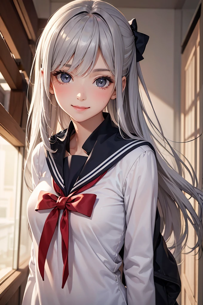 Best Quality,High resolution,8k,finelity detailed background,Masterpiece:1.2),beautiful girl,Glossy romance gray hair,Beautiful gray eyes,Gentle look,A refreshing look,smile,Best quality,Best Quality,Aesthetic and aesthetic:1.2,Best details((Super detailed))(High-definition CG illustrations),Sailor suit,Summer clothes,Slender body,morning,sunlight,School,classroom,smile,blush,cute,Scrounge,Looking up,Being spoiled,super model,shoot from,below