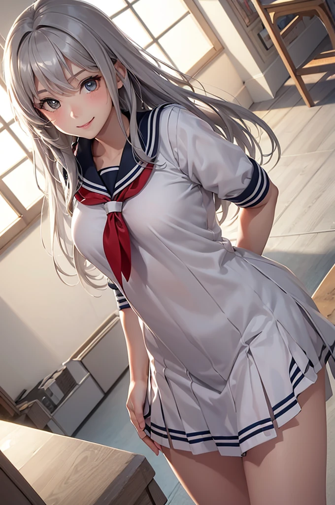 Best Quality,High resolution,8k,finelity detailed background,Masterpiece:1.2),beautiful girl,Glossy romance gray hair,Beautiful gray eyes,Gentle look,A refreshing look,smile,Best quality,Best Quality,Aesthetic and aesthetic:1.2,Best details((Super detailed))(High-definition CG illustrations),Sailor suit,Summer clothes,Slender body,morning,sunlight,School,classroom,smile,blush,cute,Scrounge,Looking up,Being spoiled,super model,shoot from,below