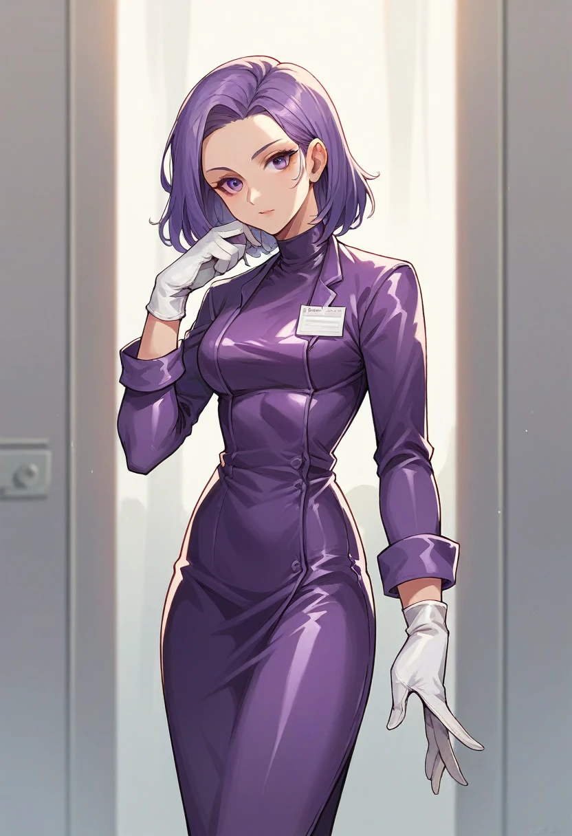 1girl, ((white gloves)), ((surgical gloves)), ((latex gloves)), ((long sleeves)) ((purple surgeon outfit)), looking at viewer, ((purple doctor outfit)), standing, solo
