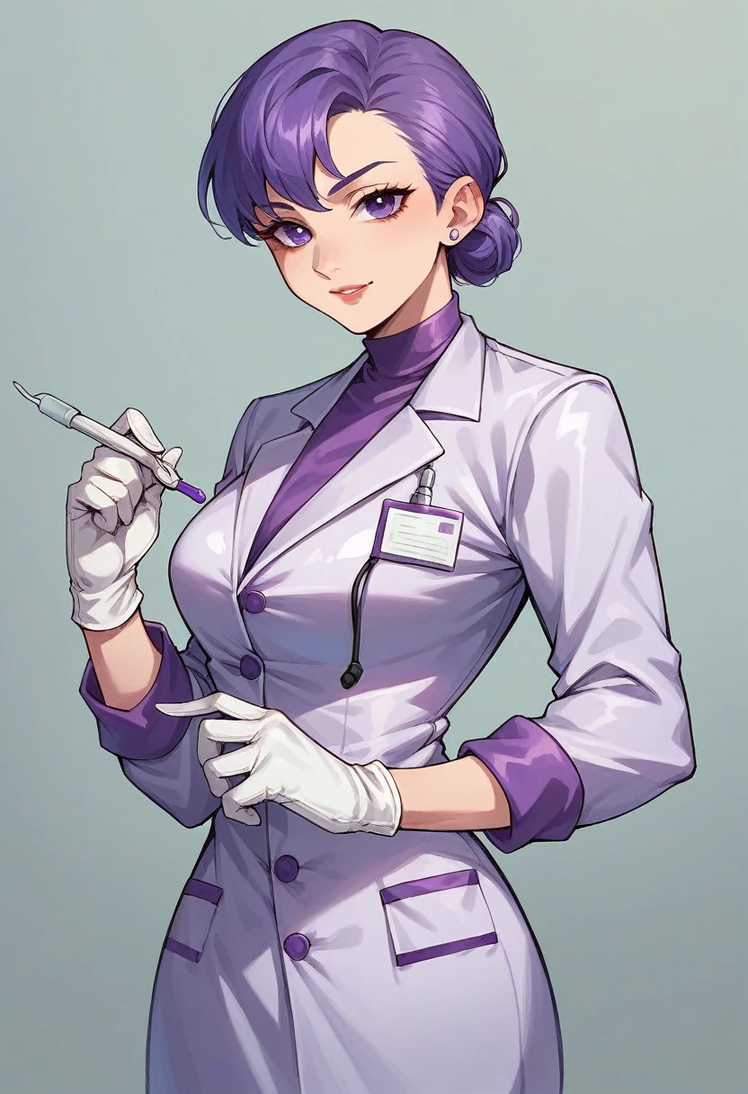 1girl, ((white gloves)), ((surgical gloves)), ((latex gloves)), ((long sleeves)) ((purple surgeon outfit)), looking at viewer, ((purple doctor outfit)), standing, solo