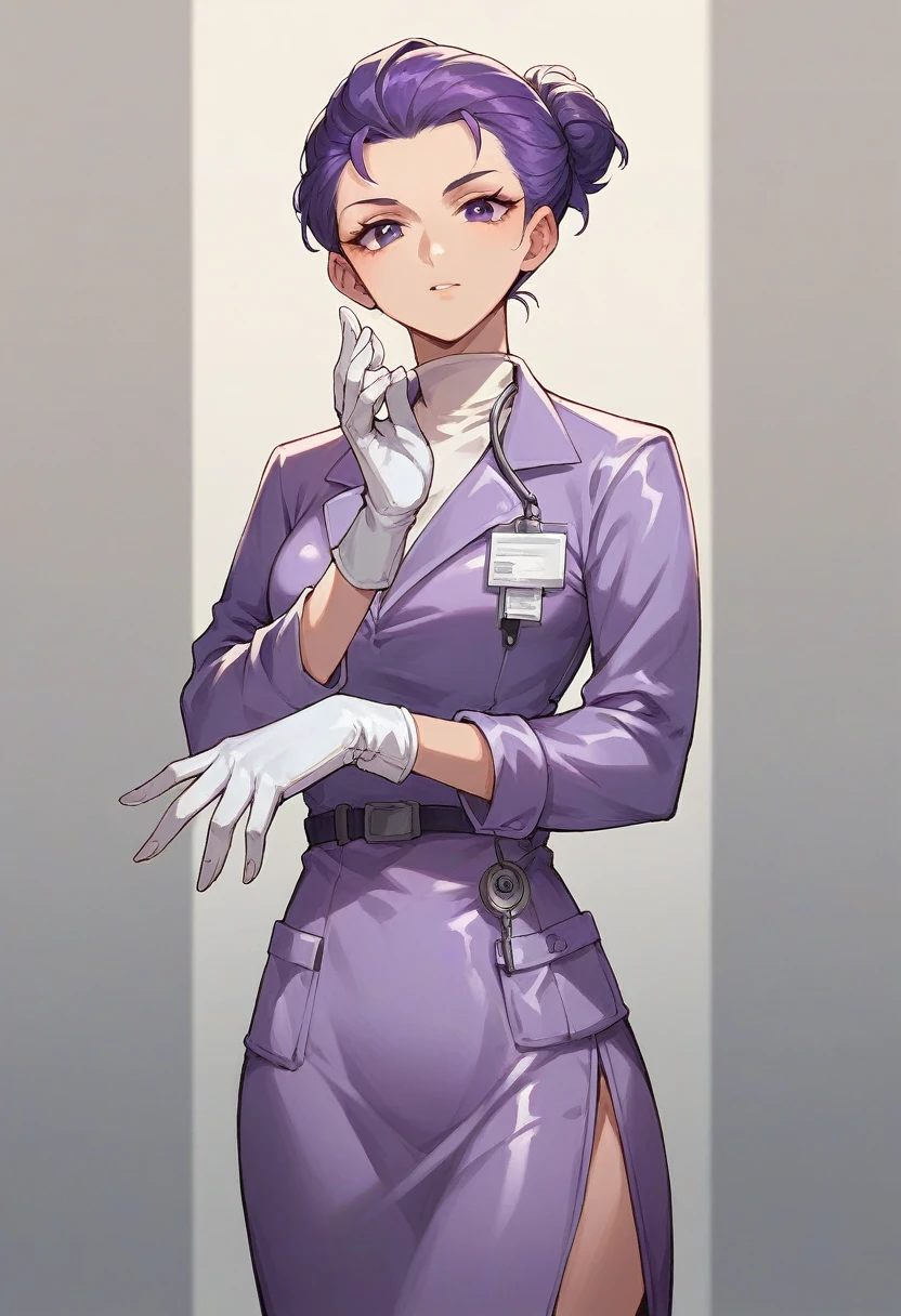 1girl, ((white gloves)), ((surgical gloves)), ((latex gloves)), ((long sleeves)) ((purple surgeon outfit)), looking at viewer, ((purple doctor outfit)), standing, solo