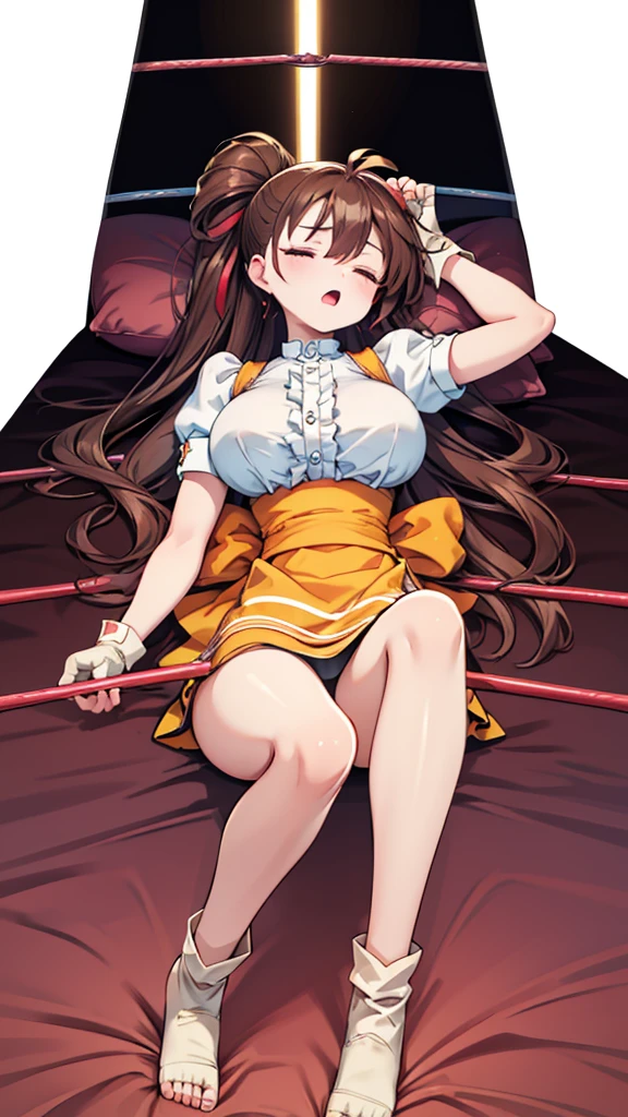 Highest quality，masterpiece，Lying down，sleep，(レスリングのリングにLying down, WWE Divas，Wrestling Arena，Wrestling ring background, Boxing ring background), 仰向けにsleep, Lack of stamina, Ryona, Hitting a girl, death is near，タケユカ 超ロングヘア ヘアribbon, Frilled shirt, Underbust, ribbon, Fingerless gloves, White gloves, Waist apron, Orange Skirt, socks, Toeless legwear，winner, Nice, winner, (Moaning , Open your mouth), ((, 仰向けにsleep, 地面にsleep, lose consciousness, Unconscious, )), , ( Tilt your head),