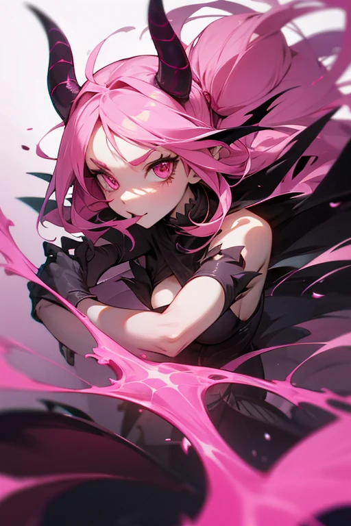 pink girl, Goat horns, several succubus tails, spider eyes, long sharp fingers, giant bust
