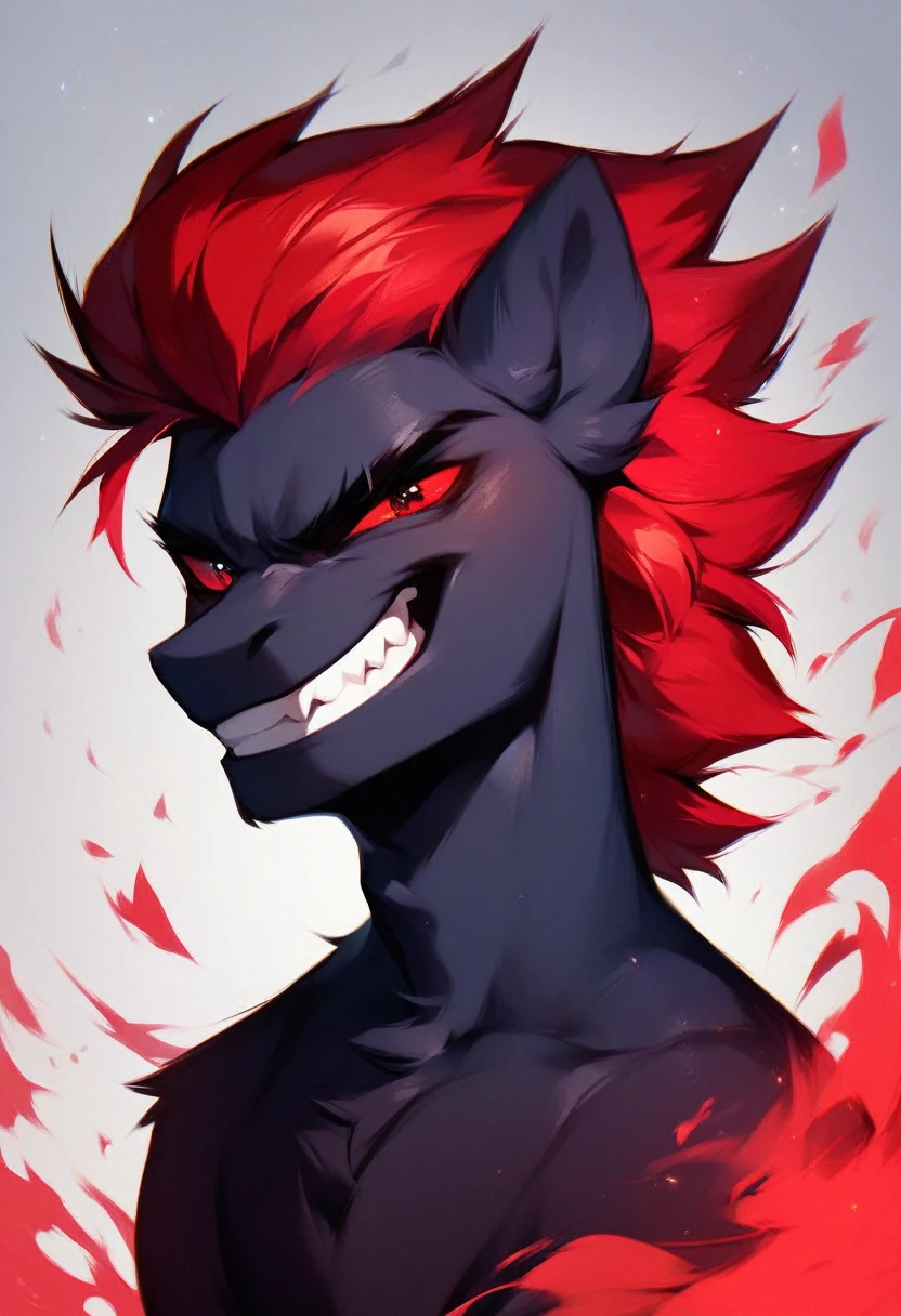 Male Pony, Black Body, Red Mane , Red eyes, evil grin