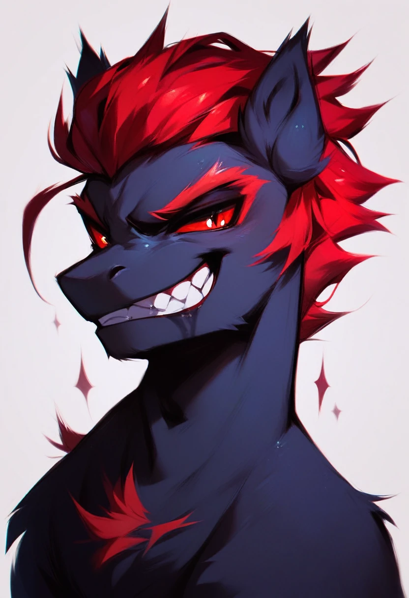 Male Pony, Black Body, Red Mane , Red eyes, evil grin
