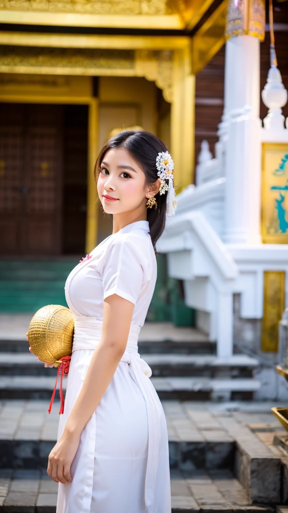 A beautiful one woman is wearing white thai traditional clothes, bg is thai temple