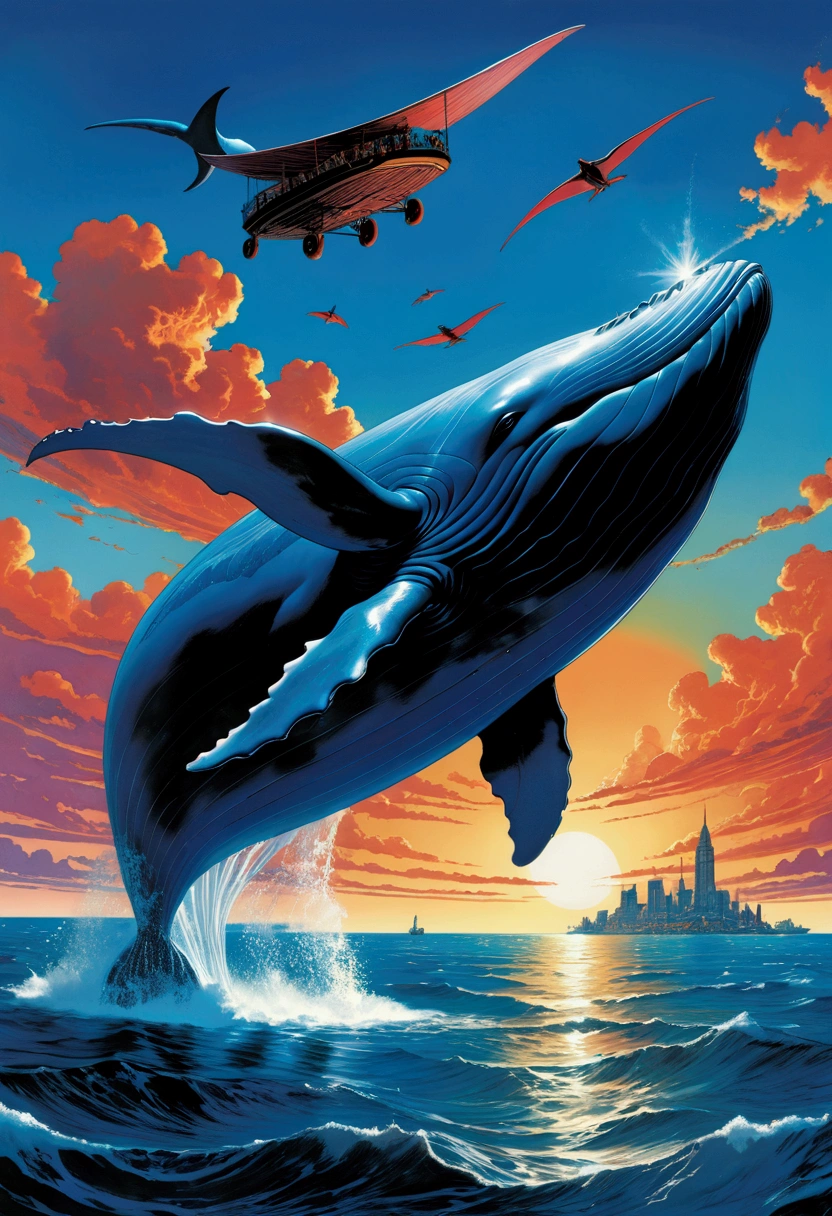 Flying Whale, sky, by Lisa_Frank, cinematic still, (best quality, masterpiece), very aesthetic, perfect composition, intricate details, ultra-detailed, vivid colors