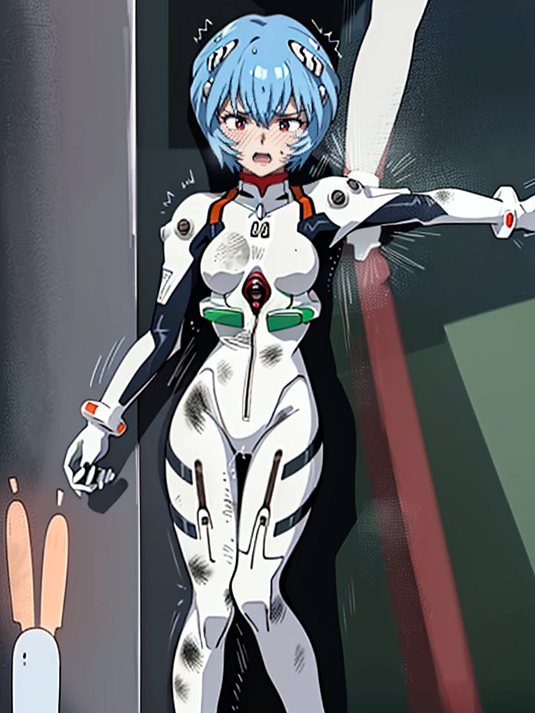 ((Highest quality, 8k wallpaper)),(masterpiece, Highest quality),Very detailed,High resolution,(Official Art:1.3),(((Anime screenshots,Black outline))),One girl,alone, Break mer1,(Rei Ayanami {neon genesis evangelion,}1.2),masterpiece, best quality, outdoor, 1girl, Solo,red eyes,short hair,blue hair, (White plug suit, skintight:1.4), , (((holding own arms, bent legs:1.2))), (Covered in sweat, Mass sweat, Sweating profusely:1.5),(((trembling effect motion lines with sexual climax:1.6))),(((dirty:1.4))),