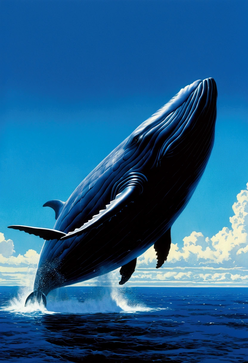 Flying Whale, full body, sky, by Jack_Kirby and Mike Allred, pulp comics, cinematic still, (best quality, masterpiece), very aesthetic, perfect composition, intricate details, ultra-detailed, vivid colors