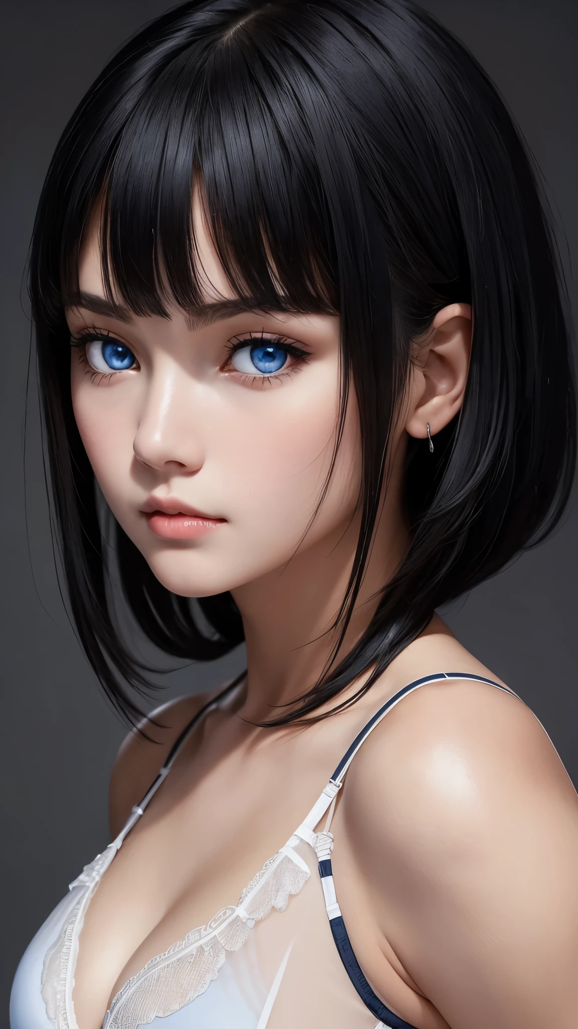 1 Female,black hair, ((Looks impatient)), Beautiful, White thin vest, good style, symmetrical clothes, (Facing forward), (Red cheeks, expression of contempt), (beautiful face), Upper Body, (((portrait))), blue eyes, (((The bangs are very even))), ((Transparent sexy lingerie))