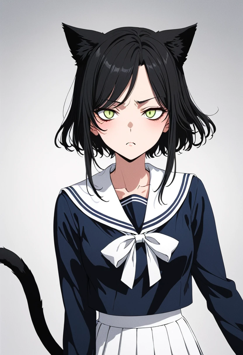 1girl, 独奏,high school student、uniform、Jet black hair color、Sailor suit、swept bangs、,Okabo Hair,Shortcuts、Bring your palms forward、whole body,Slanted Eyes、noline:0.8、aggressive、Cat Eyes、Narrow eyes:1.5、Bad mood、newest、Black and White、Lack of color、tone,anime artwork, anime style, anime coloring, key visual, vibrant, ultra detail,masterpiece