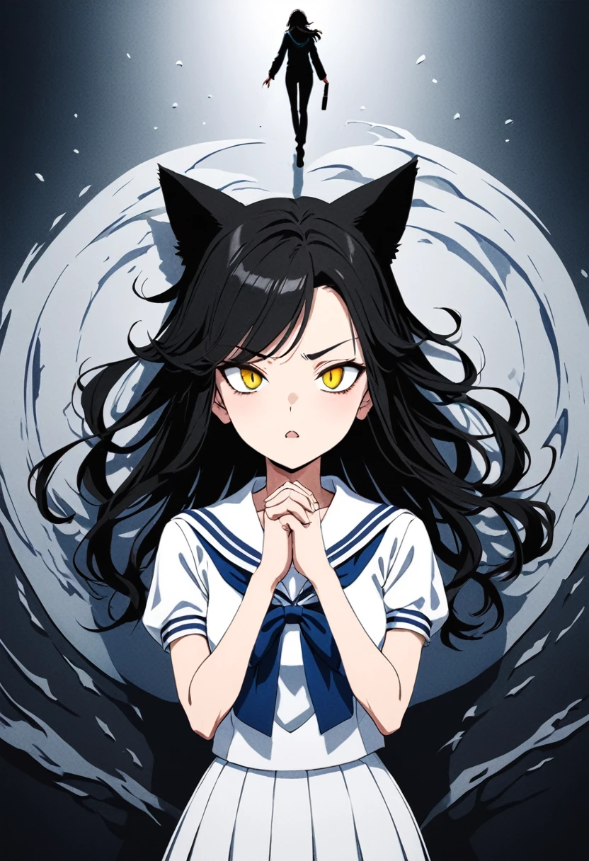 1girl, 独奏,high school student、uniform、Jet black hair color、Sailor suit、swept bangs、,Okabo Hair,Shortcuts、Bring your palms forward、whole body,Slanted Eyes、noline:0.8、aggressive、Cat Eyes、Narrow eyes:1.5、Bad mood、newest、Black and White、Lack of color、tone,anime artwork, anime style, anime coloring, key visual, vibrant, ultra detail,masterpiece