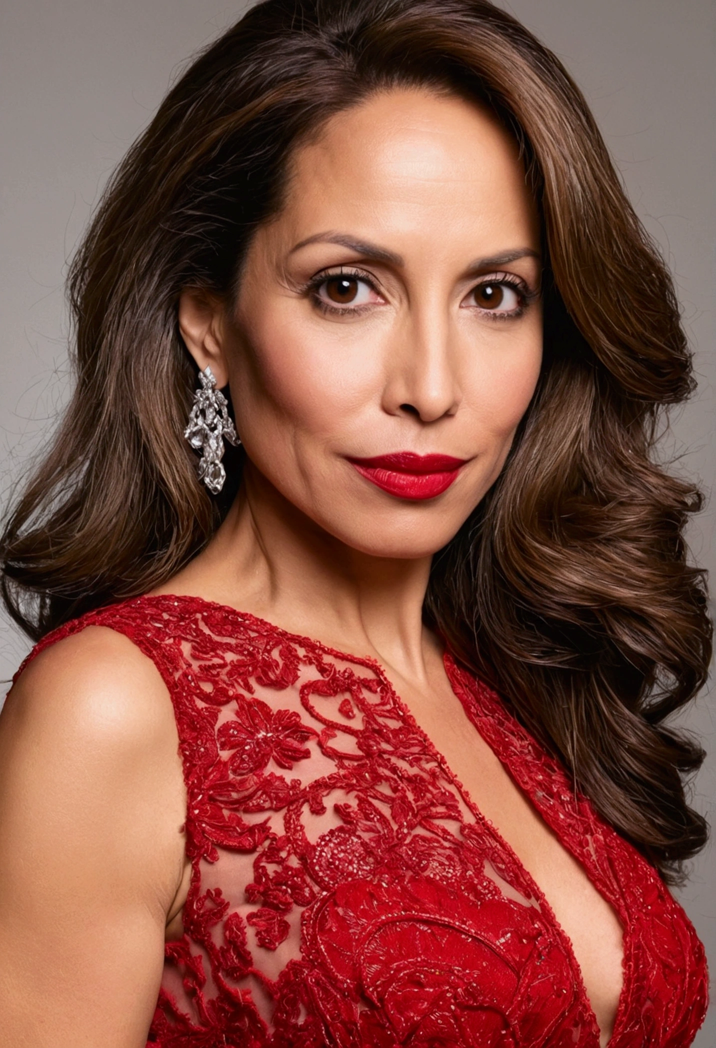 Jolie femme de 40 ans, latina, yeux marrons, robe de soirée rouge, photo pris par iPhone 15 qualité.
