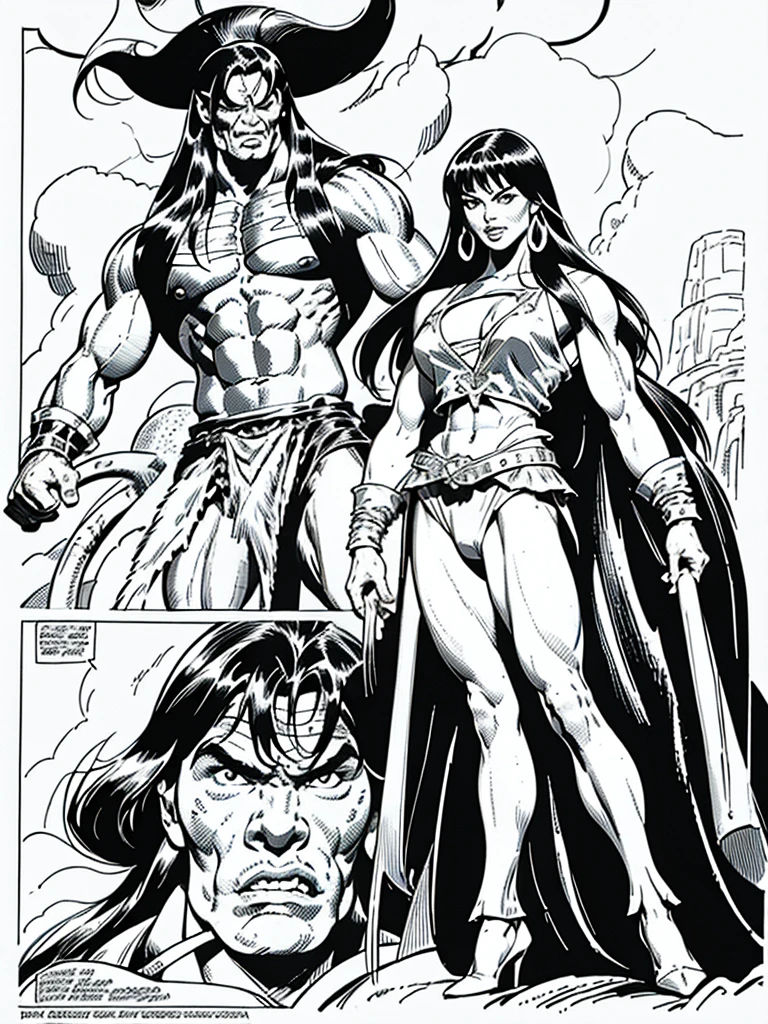 (Conan the Barbarian)Full body,Male and Female illustration in Buscema drawing style;beautiful female,barbarian and warrior woman art, Wide Angle,8K True-to-Life Picture Quality, Handsome, muscular body types,Perfect facial details,agressive facial expression,no nsfw images