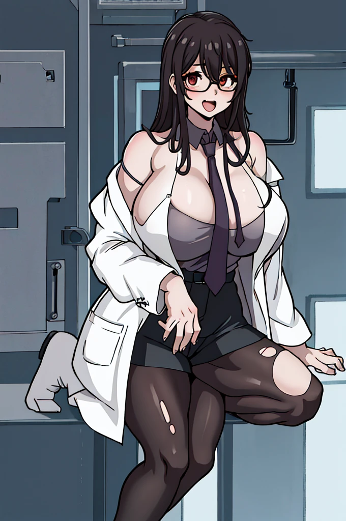 masterpiece, best quality, 1girl, solo, ether, labcoat, off shoulder, sleeveless shirt, necktie, torn pantyhose, shorts, sitting, seiza, huge breasts, doctor, science, laboratory, pouch, :D, looking at viewer, intravenous drip