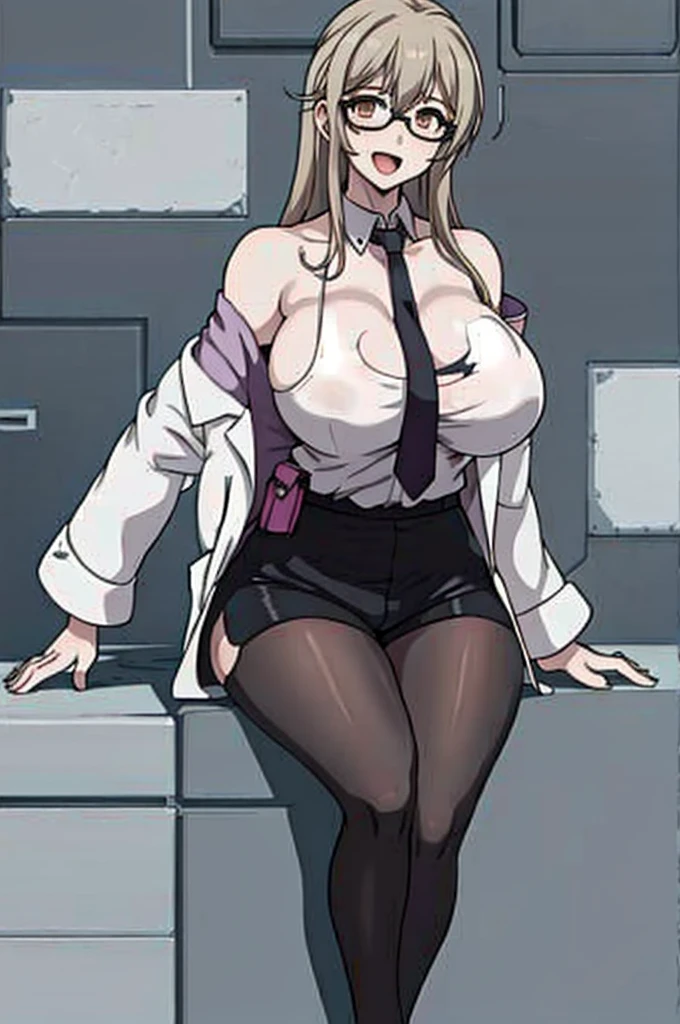 masterpiece, best quality, 1girl, solo, ether, labcoat, off shoulder, sleeveless shirt, necktie, torn pantyhose, shorts, sitting, seiza, huge breasts, doctor, science, laboratory, pouch, :D, looking at viewer, intravenous drip