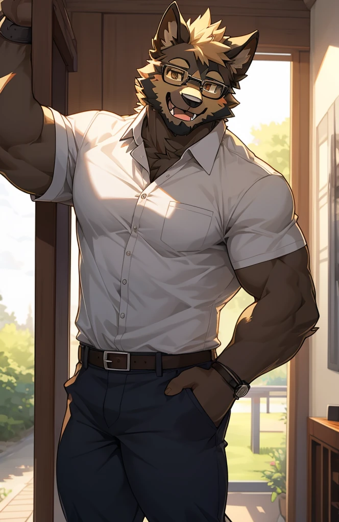 solo, pubraseer, German sheperd, muscular body, handsome, Smiling, mouth open, holding glassess, casual shirt, casual pants.