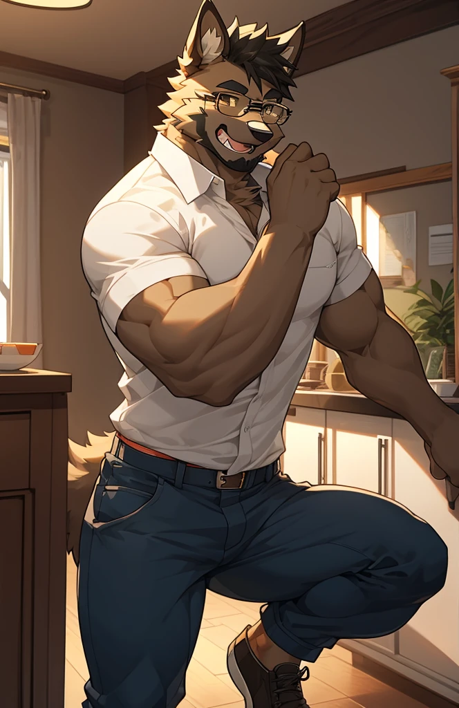 solo, pubraseer, German sheperd, muscular body, handsome, Smiling, mouth open, holding glassess, casual shirt, casual pants.