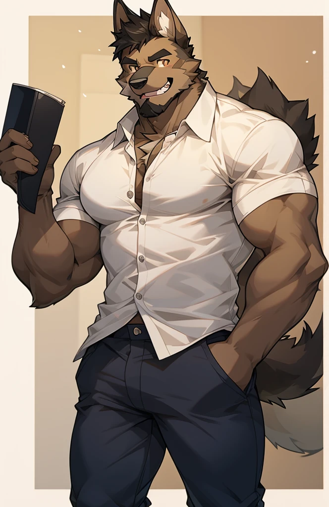 solo, pubraseer, German sheperd, muscular body, handsome, Smiling, mouth open, holding glassess, casual shirt, casual pants.