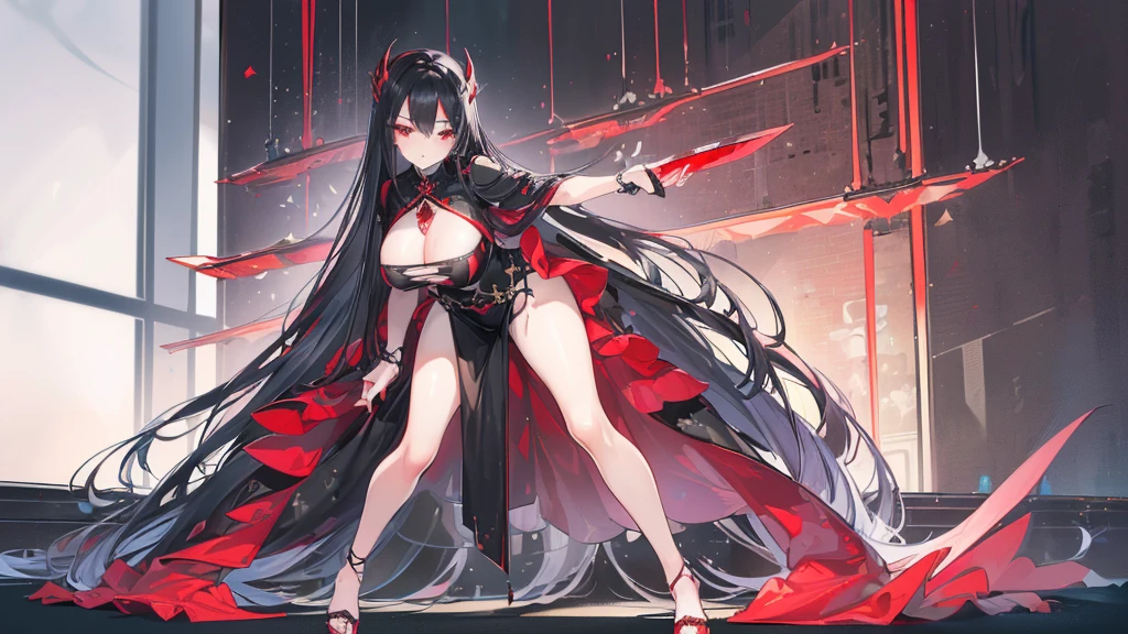 (Exquisite eyes),(Clear and beautiful eyes:1.61),masterpiece, ung girl,(Black clothes and some red gems), Black long hair, (She has a huge red gem on her chest), Good Hand,((The Havoc of StarCraft)),full-body shot,Fighting Stance,(Red Eyes:1.466),short and small,(Very big breasts:1.35),(Pretty Face),(full-body shot:1.33),Beautiful hands