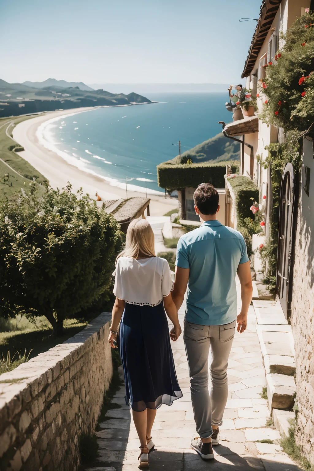 Take a high-quality image of a son and mother back to back looking at the Italian coastal countryside