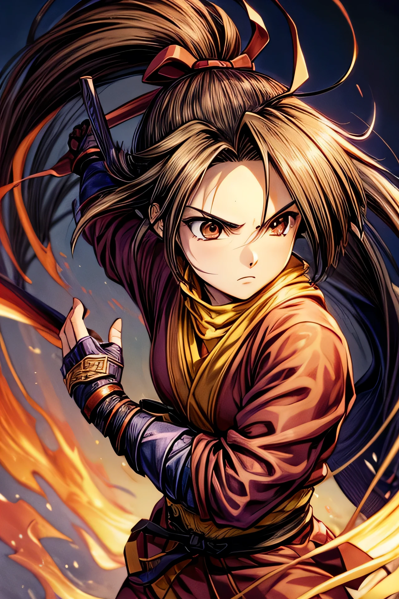 (masterpiece, best quality, ultra detailed), 1girl, ninja, shinobi, kunoichi, black hair, knife,blue fire, (purple fire, black fire),action pause,. Brown hair, Fujibayashi suzu, (red clothes),