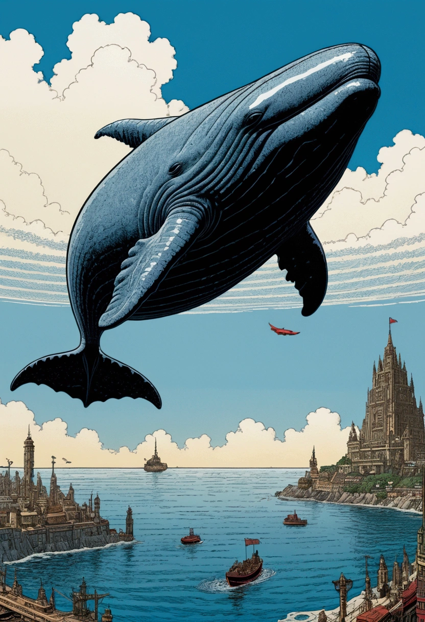 Flying Whale, full body, sky, by Mike Allred and Jack_Kirby, pulp comics, cinematic still, (best quality, masterpiece), very aesthetic, perfect composition, intricate details, ultra-detailed, vivid colors