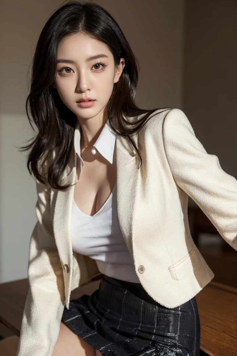 uhd, retina, masterpiece, accurate, anatomically correct, textured skin, super detail, high details, high quality, Awards, best quality, mackerel, 4K,Women over 20 years of age, (((blouse, blazer, Check skirt)))、sexy panties, Japanese beautiful woman、beautiful asian woman、Beautiful Korean Woman、Sexual facial expressions,sexy pose,beautiful face,black eye,white-skinned,small mouth,Protruding cheekbones (definition), sexy pose,(lean forward:1.3), ((lift one&#39;s skirt)), (realistic:1.4), cowboy shot, 1 Beautiful Japanese Girl, supermodel, (sit at the desk:1.1), (:1.4), (((skirt lift: 1.6))), (((school classroom background:1.1))),