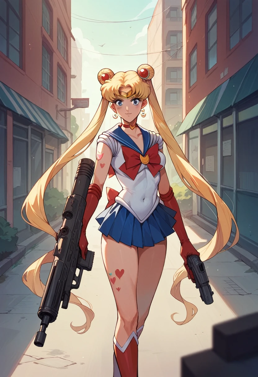 Tsukino Usagi, sailor moon,  body full of tattoos, and holding a machine gun, sexy clothes, sensual, Background, urban architecture, depth