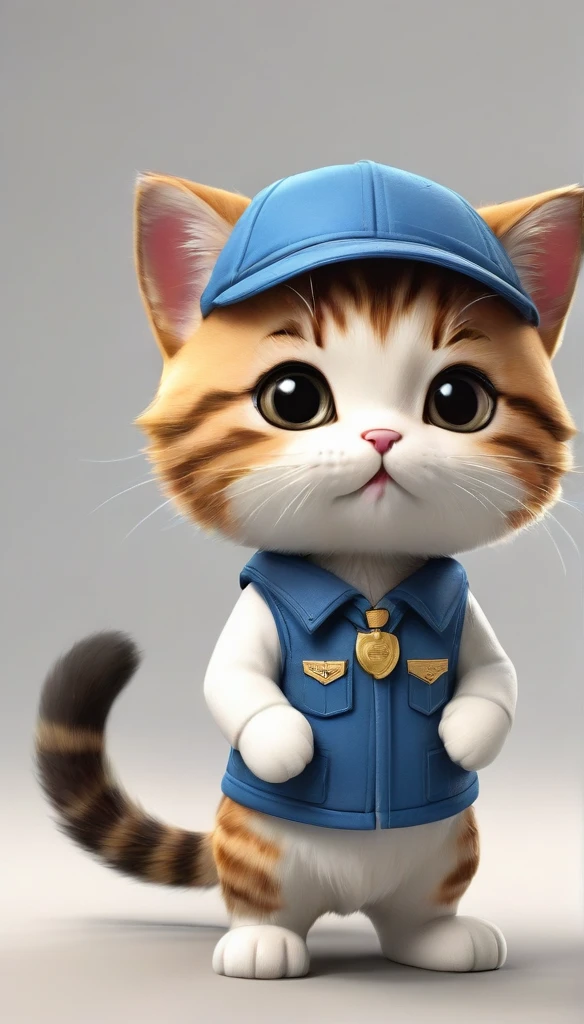 Highest quality,animal,cute,No humans,kitten,Stand on two legs,Hands at your side,brown,Wearing a blue uniform and cap