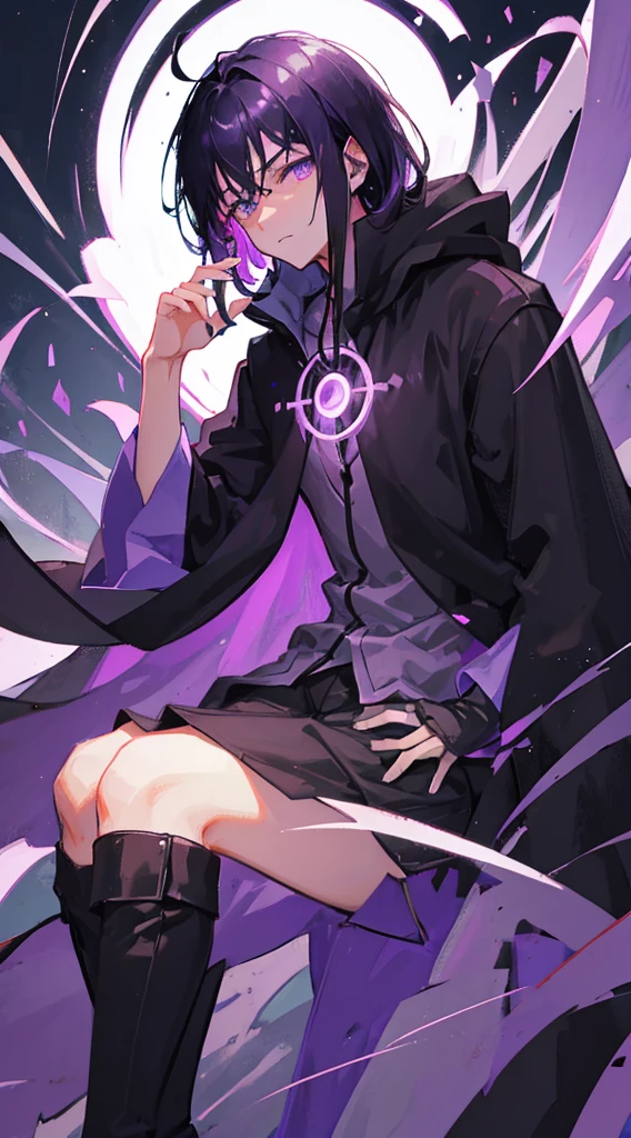 a guy with bright purple eyes, deep purple and black hair, wearing a shadowy cloak