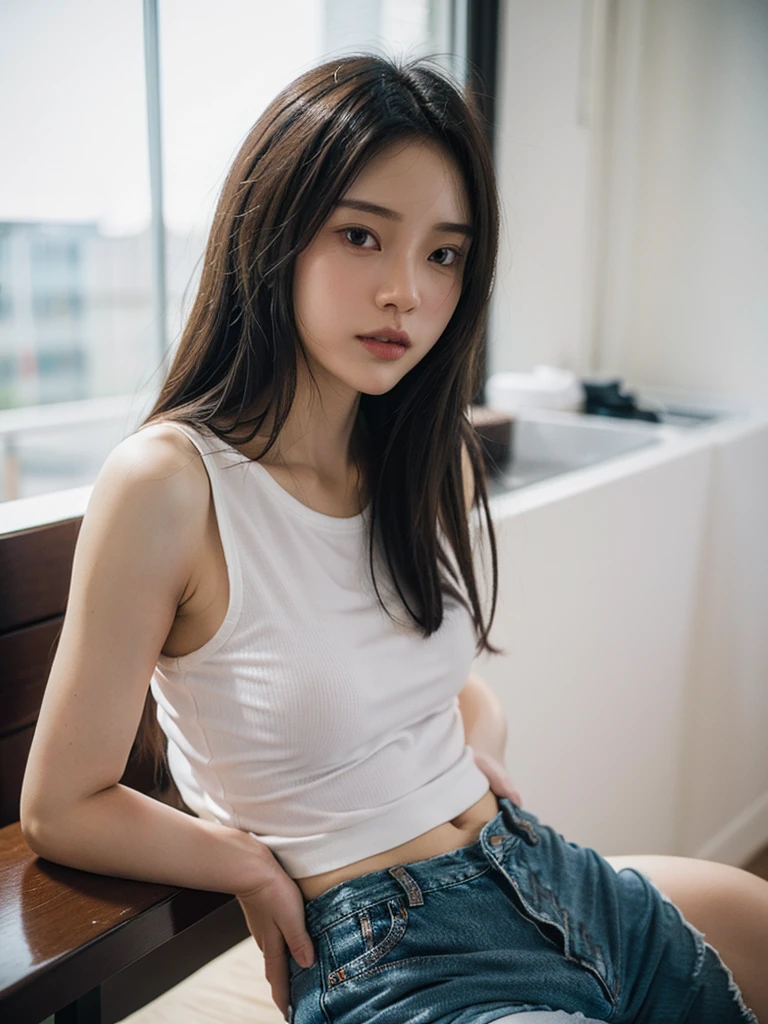 Realistic, Realistic details, detailed, One girl, thin, beautiful, Dynamic pose, detailed skin complexion, Casual clothing, Tight jeans, Yoga Tank Top, T-Shirts, thin太もも, Thigh Gap, Portraiture, Depth of written boundary, Blurred Background, Sharp focus, F1.8/35mm, perspective, Light and shadow contrast, The rule of thirds, Depth and Dimension,