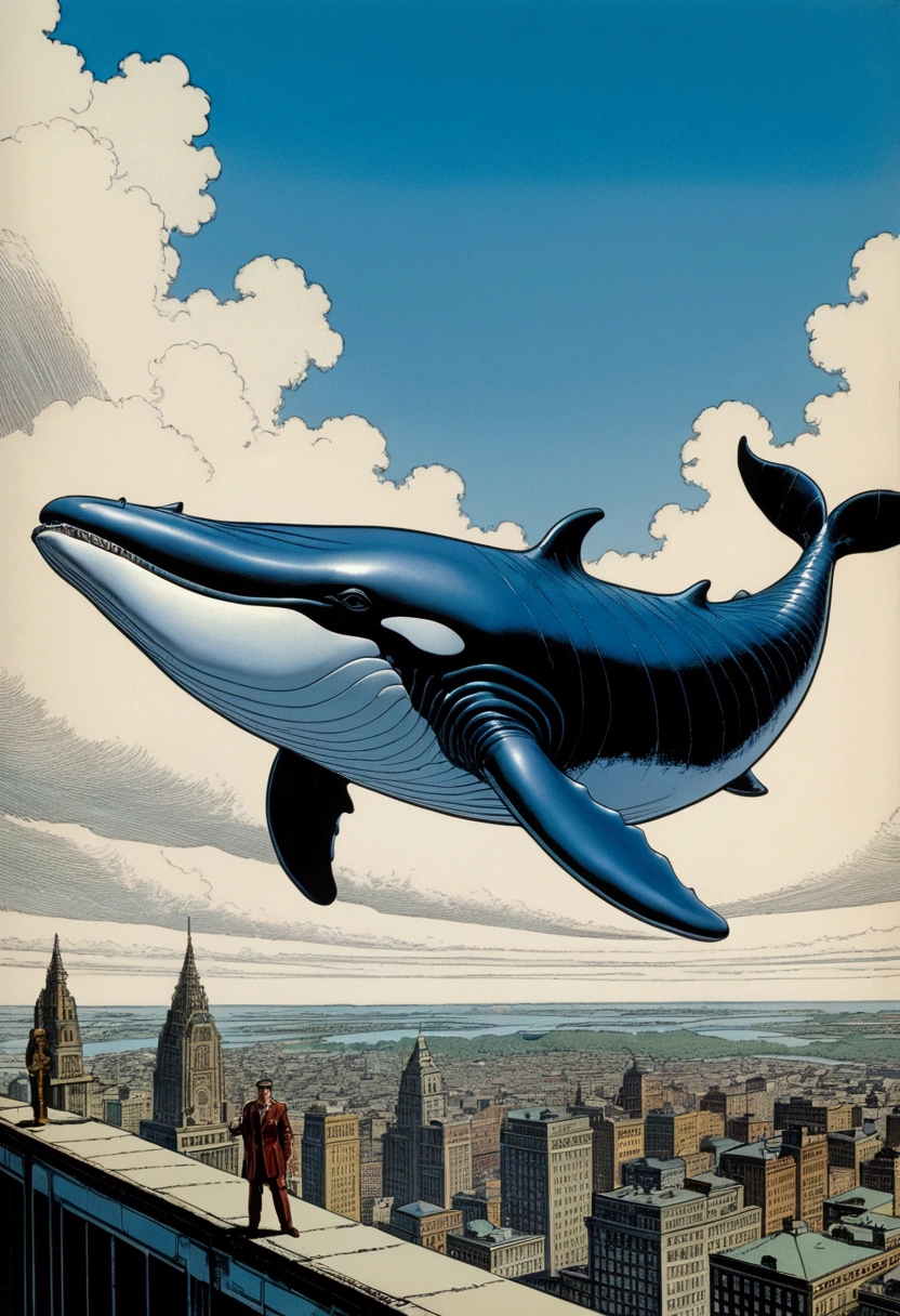 Flying Whale, full body, sky, by Brian Bolland and Neal Adams, pulp comics, cinematic still, (best quality, masterpiece), very aesthetic, perfect composition, intricate details, ultra-detailed, vivid colors