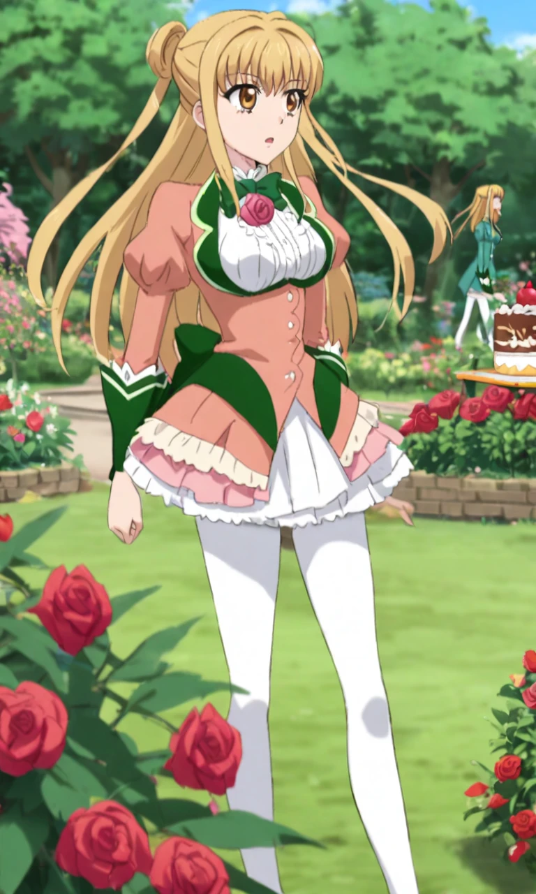 1girl, Standing, By Cecilia, Blonde hair, golden eyes, Tailbone hair length, decent, Two cakes, white pantyhose, Red slipperedium breasts, red roses , Walk, garden