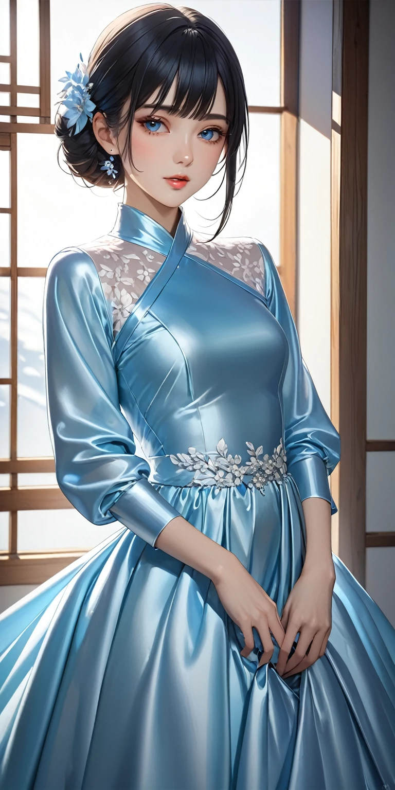 Portraiture、(masterpiece,Highest quality,Ultra-high resolution),Japanese women, (((Very beautiful 25 year old girl))),She is wearing a long-sleeved dress made of shiny light blue satin.、The dress has a simple design and doesn't reveal any bare skin.